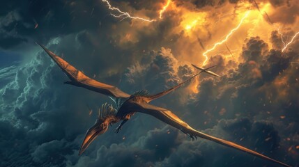 Wall Mural - flying dinosaur, pterodactyl, flying in thunderstorm. photorealistic.