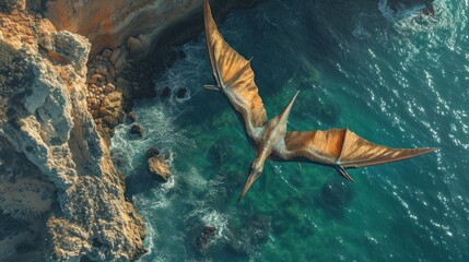 Wall Mural - flying dinosaur, pterodactyl, flying high in sky over sea coast. photorealistic.