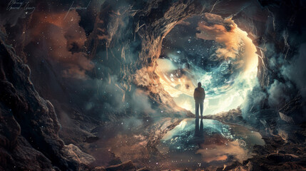 Wall Mural - a thought-provoking digital artwork depicting a human figure gazing into a cosmic mirror reflecting 