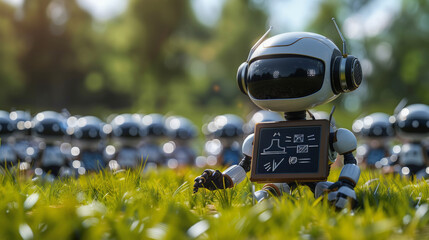Wall Mural - A robot holding a sign sits on the grass with multiple robots in the background, suggesting a theme of technology, nature, and possibly robotics gathering.