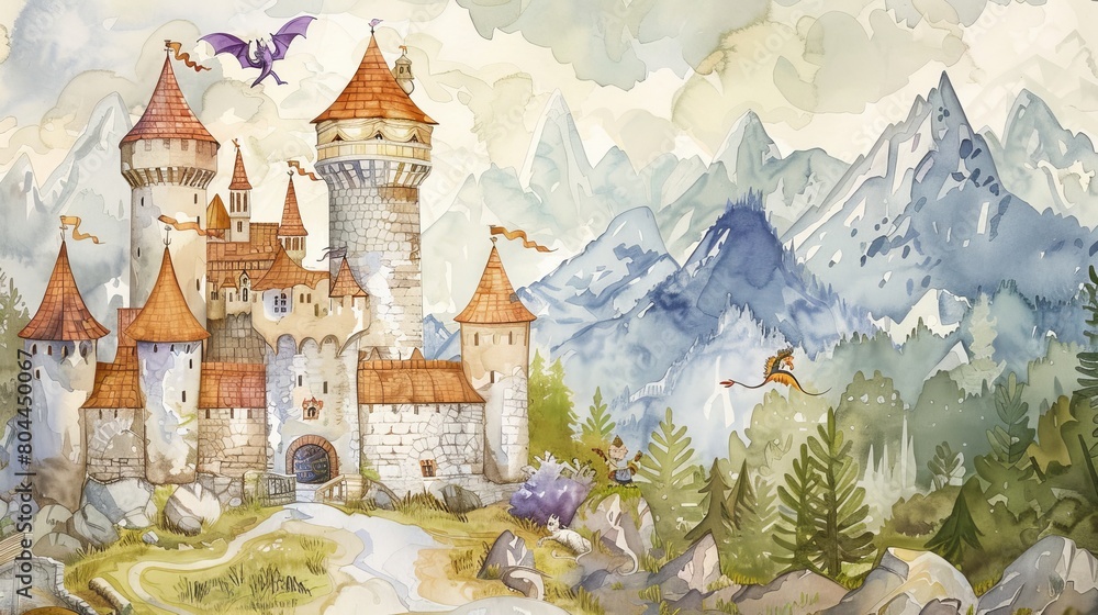 Fairy-tale castle watercolor height chart, with knights and dragons ...