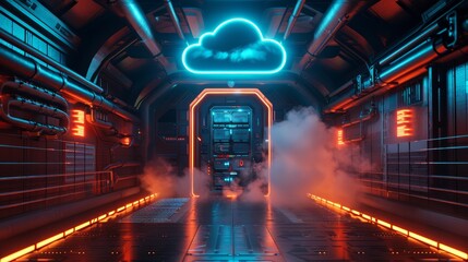 Wall Mural - A dark and futuristic room housing a cloud storage unit, complete with a door and a glowing neon cloud