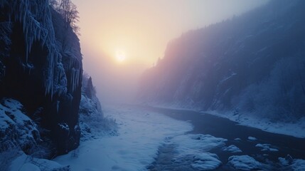 Wall Mural - Majestic landscape of rugged lands valley in winter with snow.