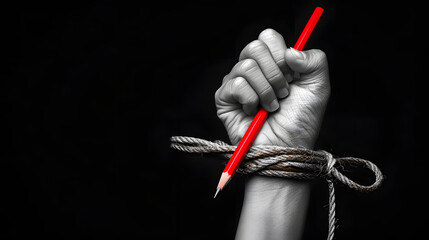 Hand with red pencil tied with rope, depicting the idea of freedom of the press or freedom of expression on dark background in low key. international human rights day concept.