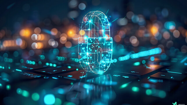 A glowing digital padlock overlaying a blurred technology-themed background, symbolizing cybersecurity and data protection in the digital information age.