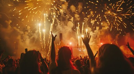 Aufkleber - A large group of individuals gathered together, looking up at vibrant fireworks lighting up the night sky.