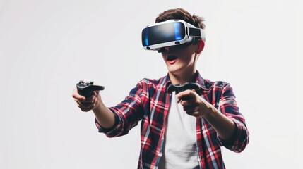 Wall Mural - A young male wearing VR head set over plain background.