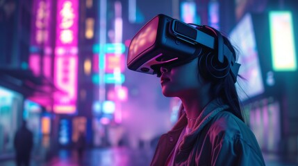 Wall Mural - A female is in a virtual fantasy cyberpunk city street when wearing VR headset.