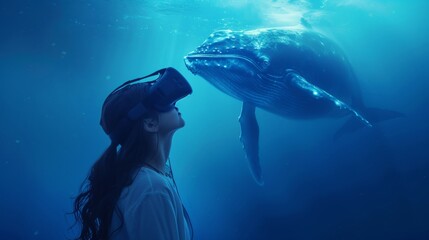 Wall Mural - A female is in a virtual fantasy underwater world with a giant glowing whale when wearing VR headset.