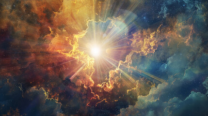 a visionary depiction of revelation 21-22, showing a radiant new heaven and a new earth emerging fro