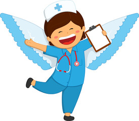 Wall Mural - Vector illustration of Nurse with wings holding clipboard on transparent background