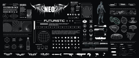 Poster - Sci-fi inspired futuristic typography and lettering, complete with HUD and big set Y2K elements. Extensive Collection of Futuristic HUD and Sci-Fi Interface Elements. Vector illustration