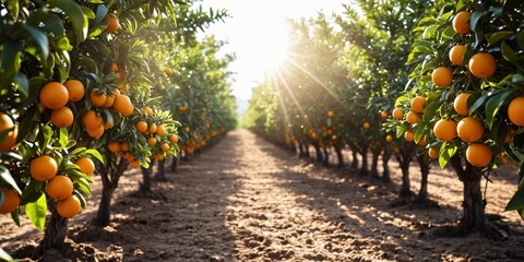 Wall Mural - An orange grove with lots of oranges growing on the trees. Fruit orange orchard, farming and entrepreneurship, harvest, banner.