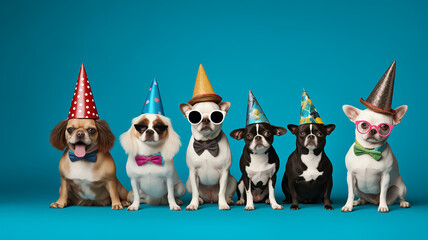 Team of dogs in mismatched festive outfits, party hats, and sunglasses, isolated on a bright blue background, ideal for birthday advertisement, with copy space