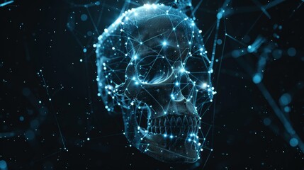 Glowing hologram of human skull bone system 3D structure with dark background.