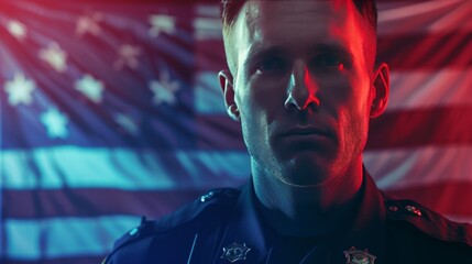 Wall Mural - Portrait of a male police officer in front of US flag