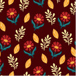 Wildflower seamless botanical pattern with bright plants and flowers on a brown background. Beautiful print with hand drawn floral plants. Printing and textiles. 