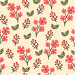Wildflower seamless botanical pattern with bright plants and flowers on a beige background. Seamless botanical pattern with plants. Leaves in bright colors.