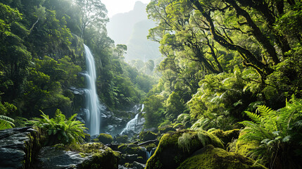 Wall Mural - Waterfall In The Middle Of A Tropical Rain Forest Landscape Background