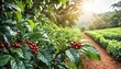 A branch of ripe red coffee beans on the background of a coffee plantation. Red coffee beans, a lush coffee tree. A type of coffee plantation in Colombia or Brazil.