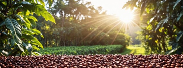 A branch of ripe red coffee beans on the background of a coffee plantation. Red coffee beans, a lush coffee tree. A type of coffee plantation in Colombia or Brazil.