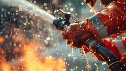 The most important fire in the world. Close-up shot. the hands of the fireman, who gently trims the hose and extinguishes the flames with water.