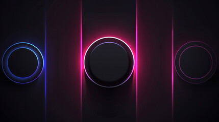 three large circular lights on the left and right sides of each other in neon colors, black background