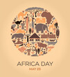 Africa Day on 25 May Illustration with symbols of African culture and nature