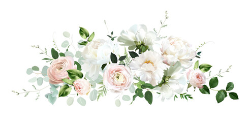 Wall Mural - Classic pink rose, white peony, blush pink ranunculus, eucalyptus, sage greenery vector design wedding spring bouquet. Horizontal banner. Floral summer watercolor. Elements are isolated and editable