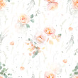 Coral pink rose, white hydrangea, peach ranunculus, orange poppy, sage blush greenery vector design wedding spring seamless pattern. Floral summer watercolor print. Elements are isolated and editable