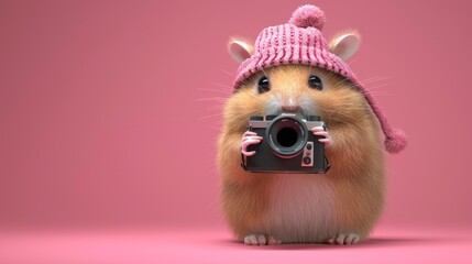 Wall Mural - Cute traveling hamster with a camera. 3D vector illustration.