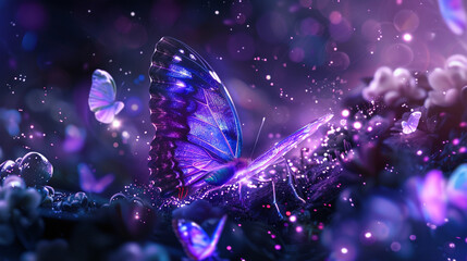 Cosmic butterflies with glowing purple wings, crystal and sparkle stuff everywhere. Flying in space.
