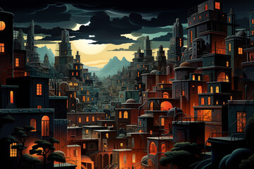 Wall Mural - Illuminated buildings at dusk