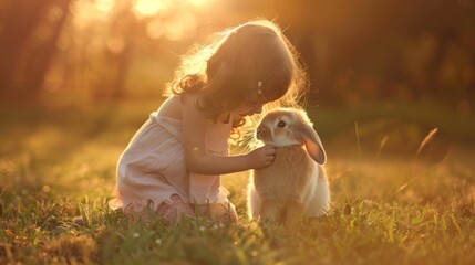 Girl playing with baby rabbit at outdoor lawn with sunlight.