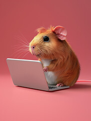 Wall Mural - A Cute 3D Guinea Pig Using a Laptop Computer in a Solid Color Background Room