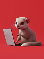 Wall Mural - A Cute 3D Ferret Using a Laptop Computer in a Solid Color Background Room