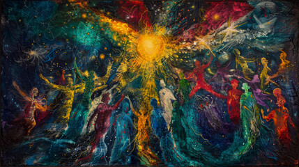 Wall Mural - An abstract representation of human figures woven into a tapestry of the cosmos, with each thread representing different life paths illuminated by a celestial light.