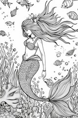 Wall Mural - Coloring page design. Vector illustration of a beautiful mermaid.