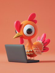 Wall Mural - A Cute 3D Turkey Using a Laptop Computer in a Solid Color Background Room