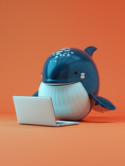 Wall Mural - A Cute 3D Whale Using a Laptop Computer in a Solid Color Background Room