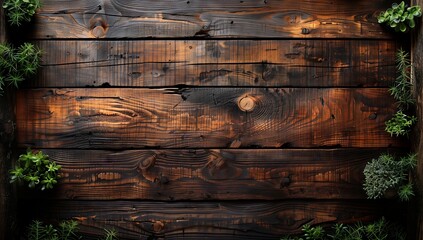 Wall Mural - A wooden wall framed with lush greenery, creating a natural landscape art piece