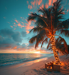 Wall Mural - palm tree on the beach covered with glowing light, and presents sunset
