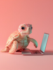 Poster - A Cute 3D Sea Turtle Using a Laptop Computer in a Solid Color Background Room