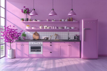 Poster - Kitchen appliances in monochrome single pink purple color room, 3d rendering