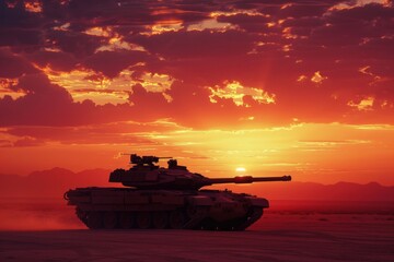 A photorealistic image of an Military tank M1 Abrams silhouetted against a fiery desert sunset