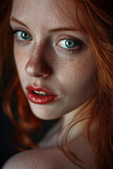 A professional Studio photo portrait of a gorgeously beautiful red haired woman and perfect skin