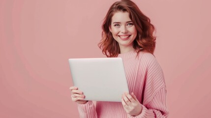 Wall Mural - Smiling Woman Holding a Laptop