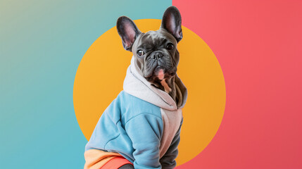 Wall Mural - A cute French dog in a blue and white sweatshirt sits on the floor on a colorful background.