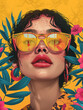 digital art piece featuring an enigmatic face with sunglasses reflecting tropical palm leaves, set against a backdrop of bold, colorful foliage
