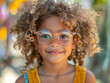 A joyful child in a yellow dress plays carefree in the sunlight, their curly hair and the vibrant colors of a summer day